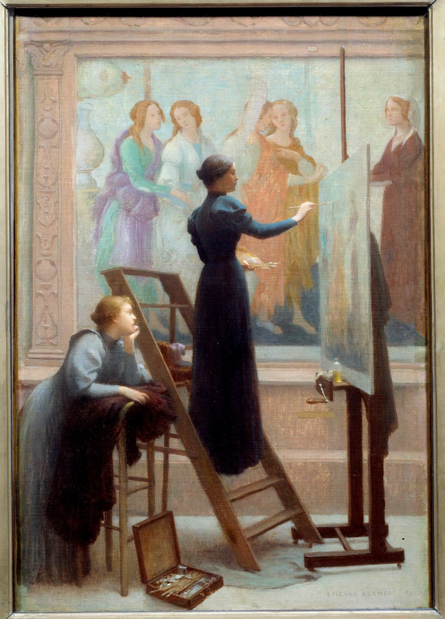 Au Louvre (dvě ženy kopírující fresku od Botticelliho) Obraz Etienna Azambre (1859-1933) 1894 Ne. 0,61x0,41 m Pozor! Použití tohoto díla může podléhat žádosti o autorizaci třetí stranou nebo dalším poplatkům od Etienne Azambre
