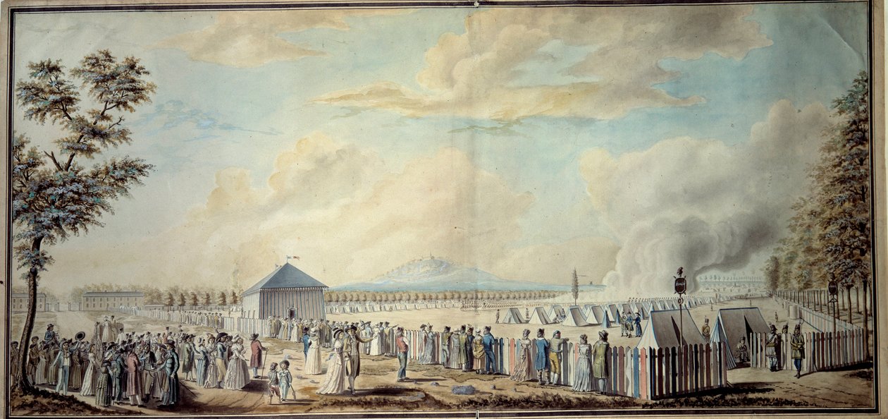 Francouzská revoluce: „Vojenský tábor Marsovské školy budoucích představitelů republikánské armády“ Akvarel Etienna Bericourta (18. století) 1794 Paříž, B.N. od Etienne Bericourt