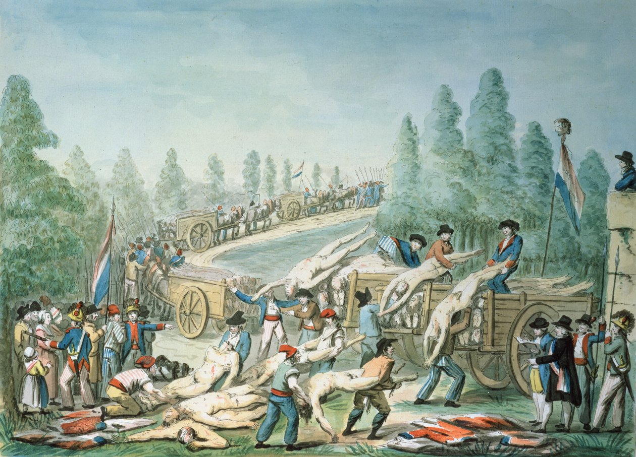 Přeprava mrtvol během revoluce, kolem roku 1790 (pero a inkoust a kvaš na papíře) od Etienne Bericourt