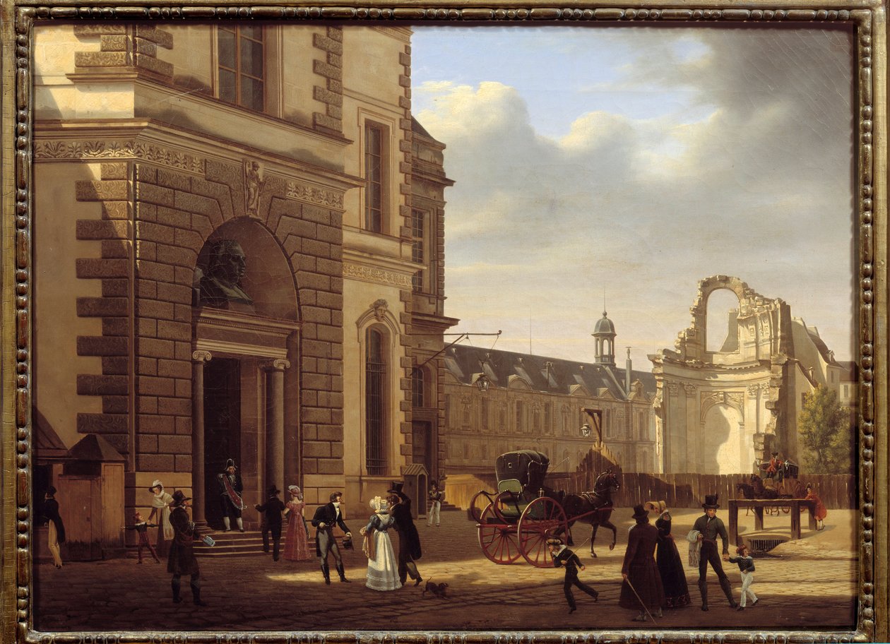 Vstup do muzea Louvre a ruiny Saint Louis du Louvre. Pohled na Paříž. Obraz Etienna Bouhota (1780-1862) od Etienne Bouhot