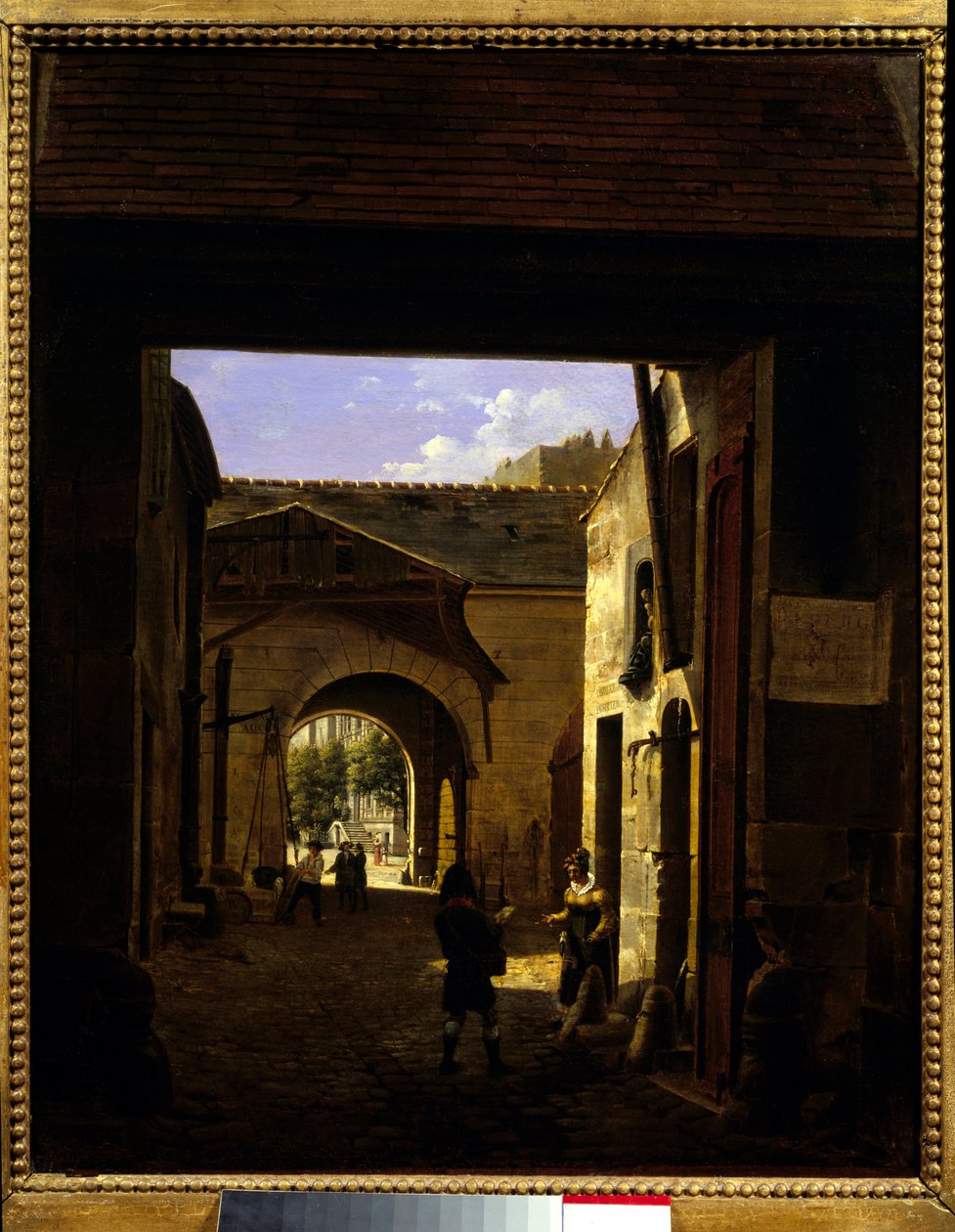 Nádvoří řidičského domu v rue Saint Denis známé jako nádvoří Sainte Catherine Scene v 1. pařížském obvodu. Obraz Etienna Bouhota (1780-1862) 1832 Ne. 0,27x0,22 m Paříž, Musee Carnavalet. od Etienne Bouhot