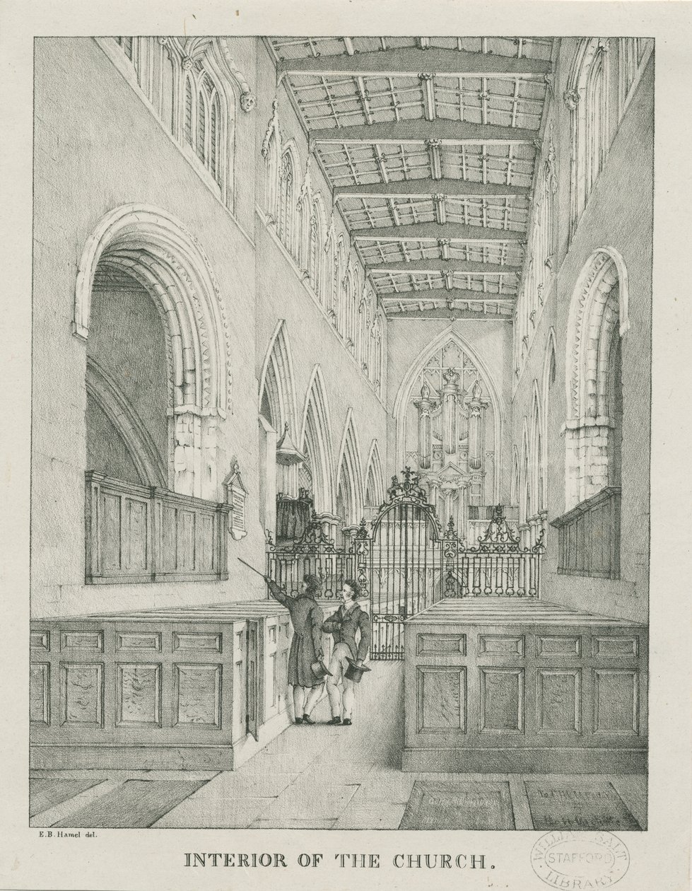 Interiér kostela Tamworth: litografie, nd [1796-1865] od Etienne Bruno Hamel