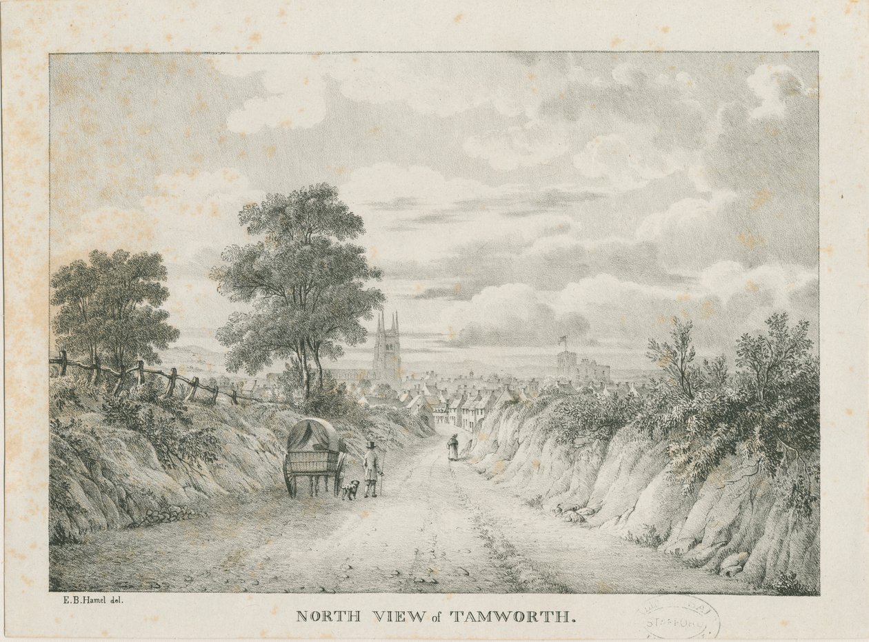 Tamworth - Vzdálený pohled od severu: litografie, nd [1796-1865] od Etienne Bruno Hamel
