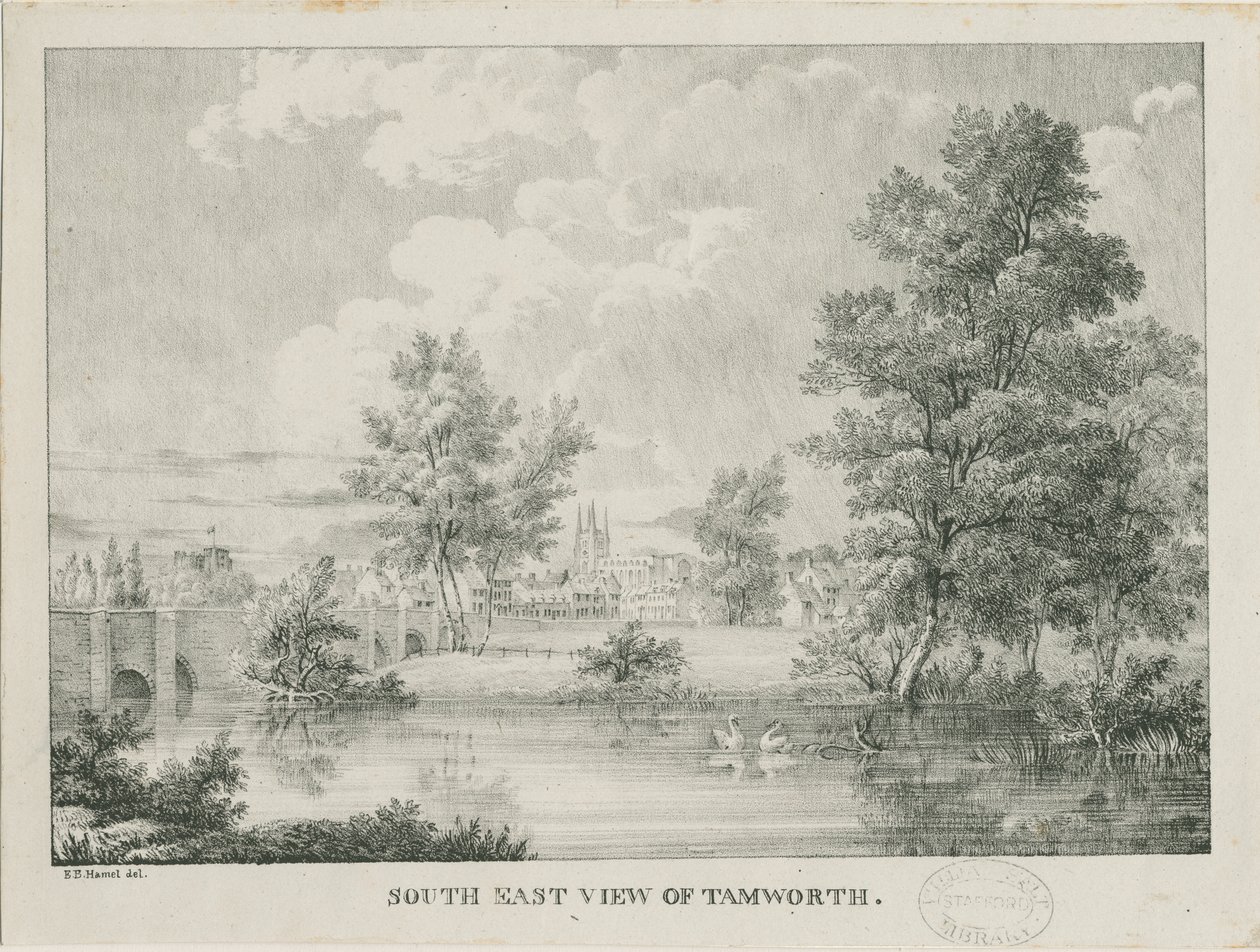 Tamworth - Vzdálený pohled z jihu: litografie, nd [1796-1865] od Etienne Bruno Hamel