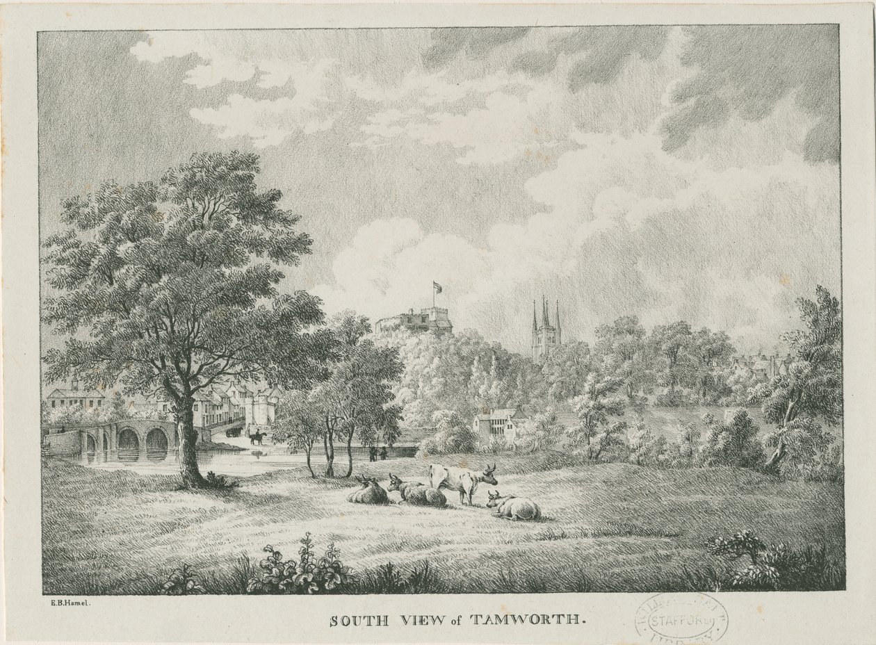 Tamworth - Vzdálený pohled z jihu: litografováno, nd [1796-1865] od Etienne Bruno Hamel