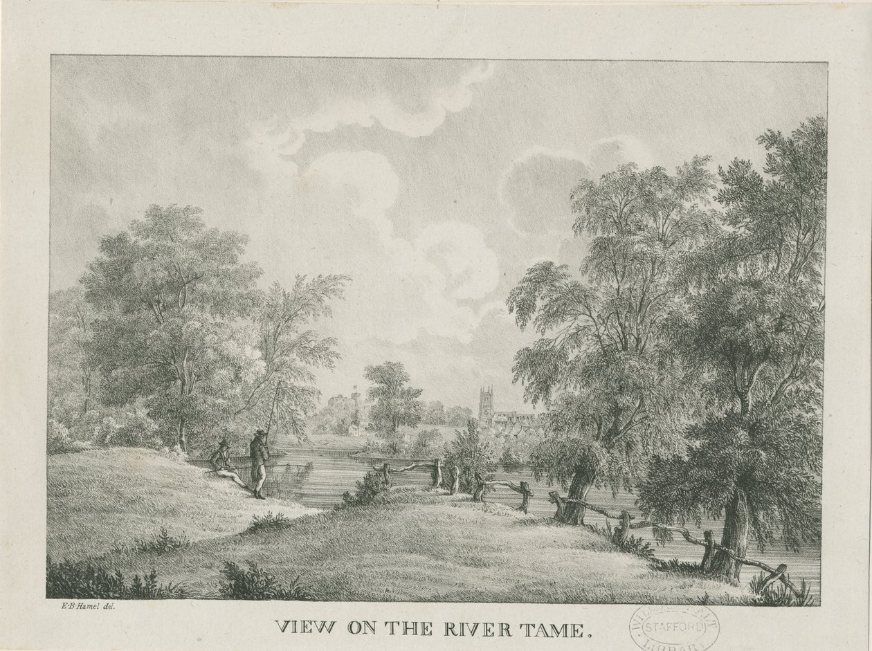 Tamworth - The River Tame: litografie, nd [1796-1865] od Etienne Bruno Hamel
