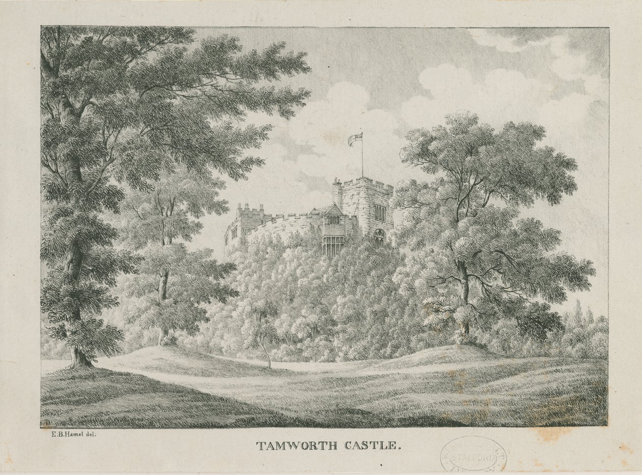 Hrad Tamworth: zinkograf, nd [1796-1865] od Etienne Bruno Hamel