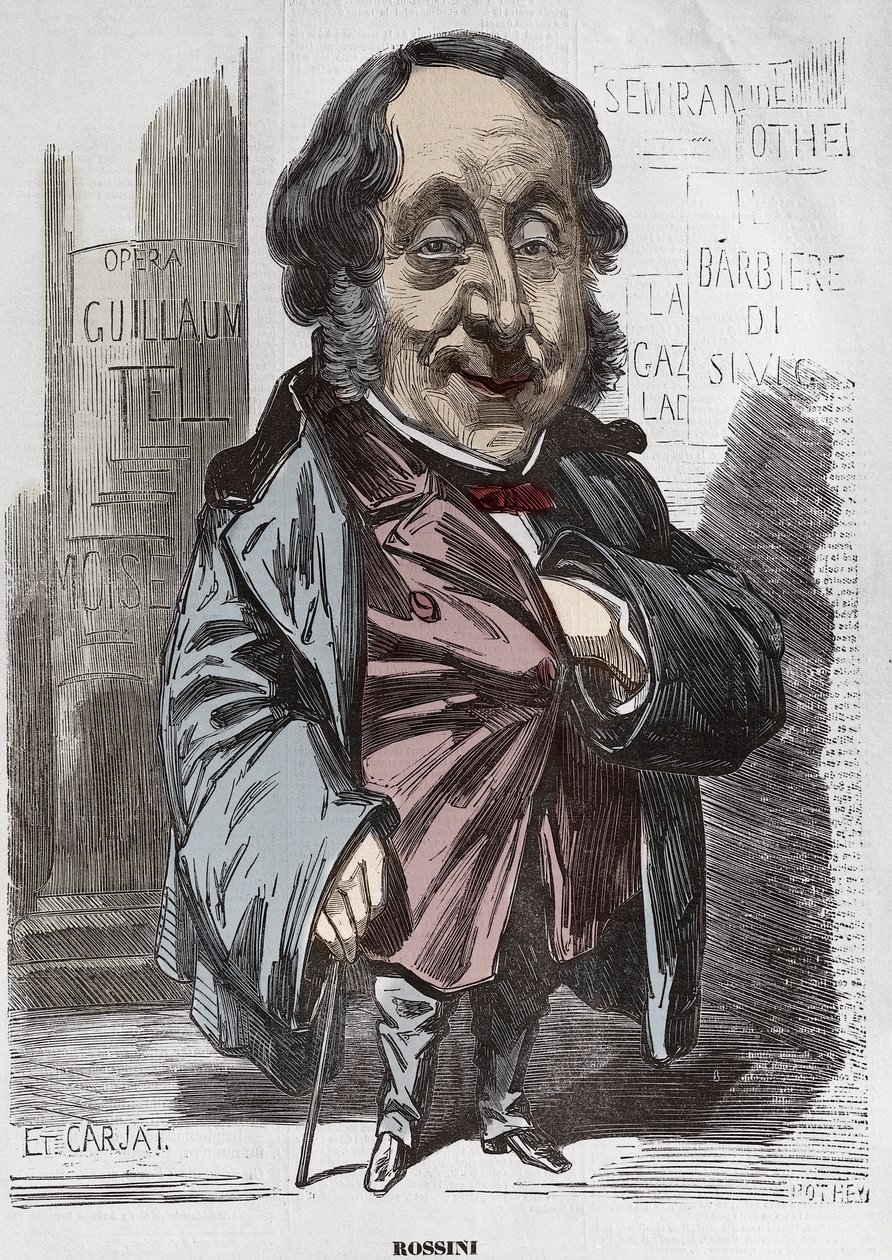 Portrét Gioachina (Gioacchina) Rossiniho (1792-1868), Karikatura Etienne Carjat - Etienne Carjat (1928-1906), portrét-náboj od Rossiniho pro Diogena, po Nadarovi, 21. prosince 1856 digitální kolorizace od Etienne Carjat