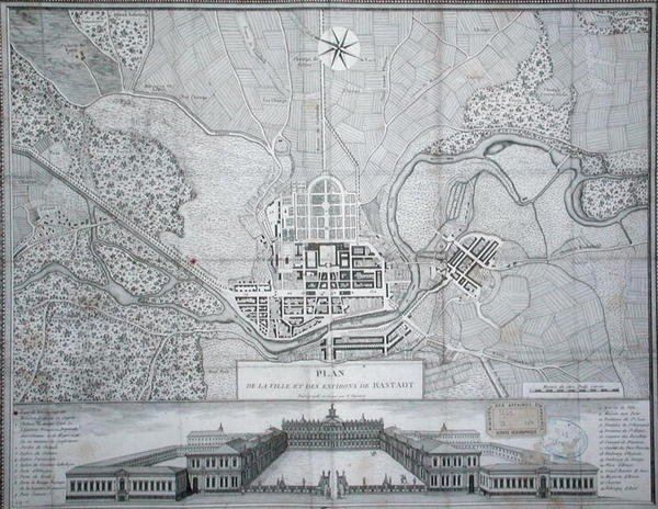 Mapa města Rastadt, jeho okolí a zámku (rytina) od Etienne Claude Voysard
