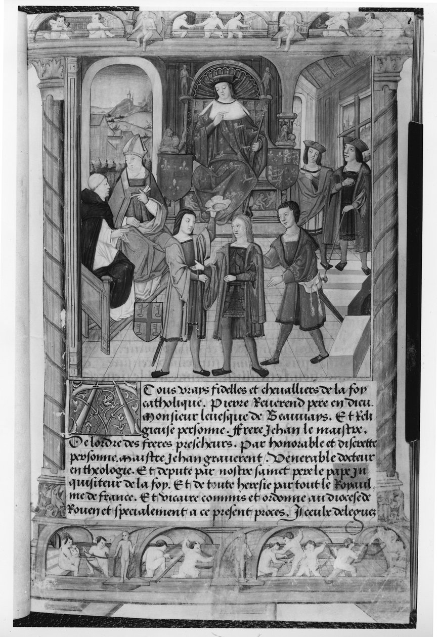 Jindřich VI (1421-71) a Pierre Cauchon (1371-1442) biskup z Beauvais a Lisieux, z rukopisu Diane de Poitiers (černobílá fotografie) od Etienne Collant