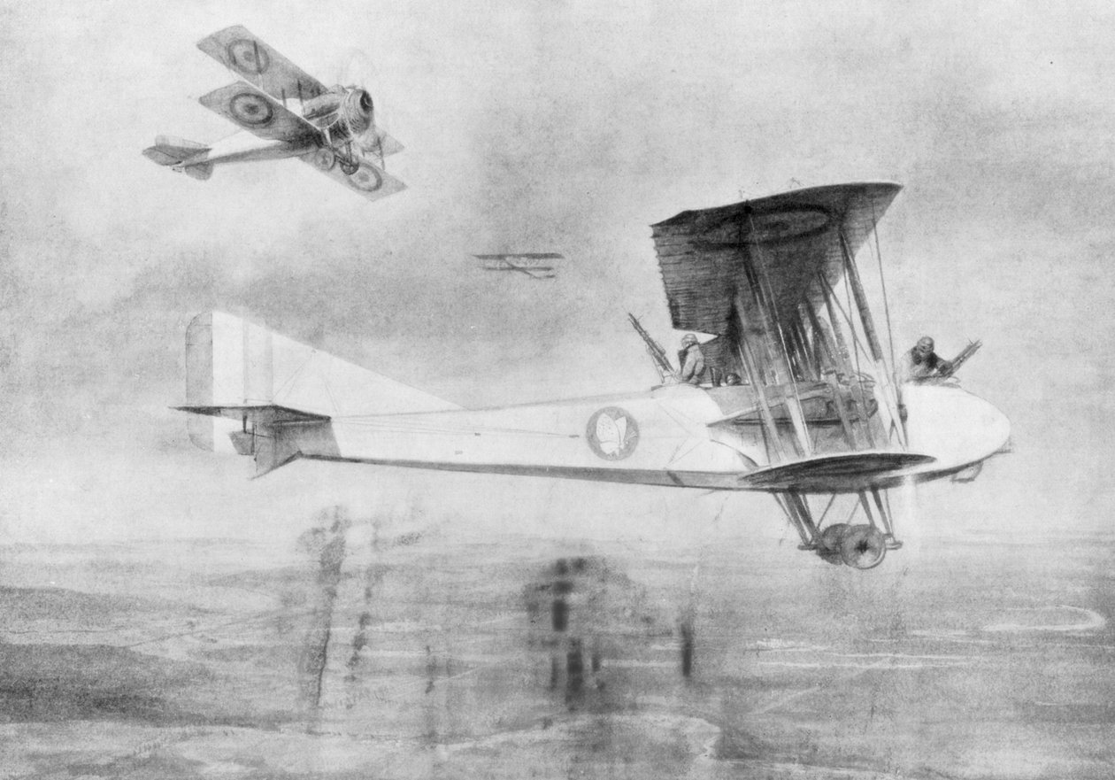 Třímístný letoun na fotografické misi, chráněný stíhacím letounem Spad, 1918 1926. od Etienne Cournault