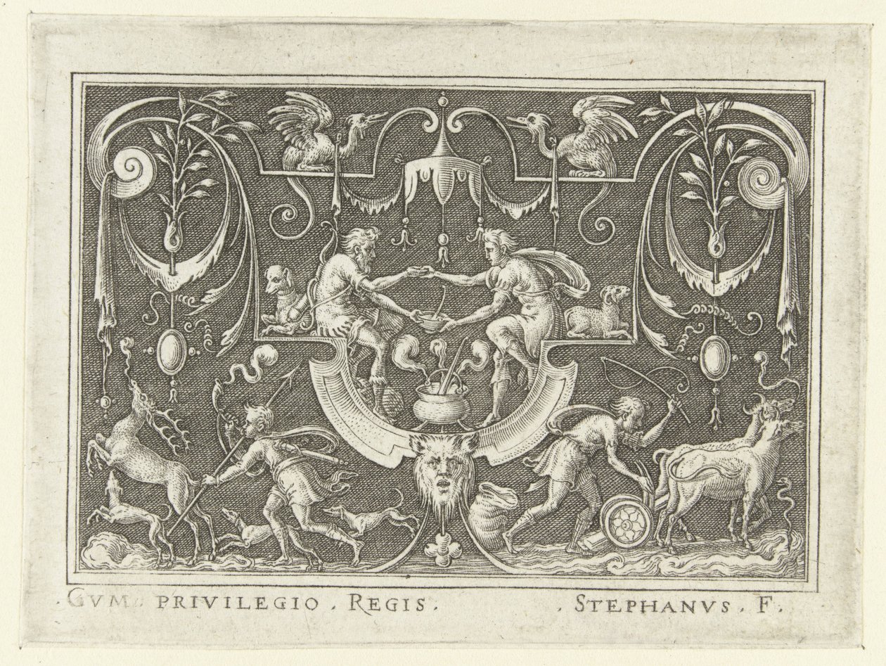 Ezau verkoopt zijn eerstgeboorterecht aan Jacob Vlakdecoraties met scènes uit het Oude Testament in een omlijsting van grotesken (series title)   1355707   cs       czech Successfully Translated  Original: Drunkard (Soularde) Translat: Drunkard (Soularde)  od Etienne Delaune
