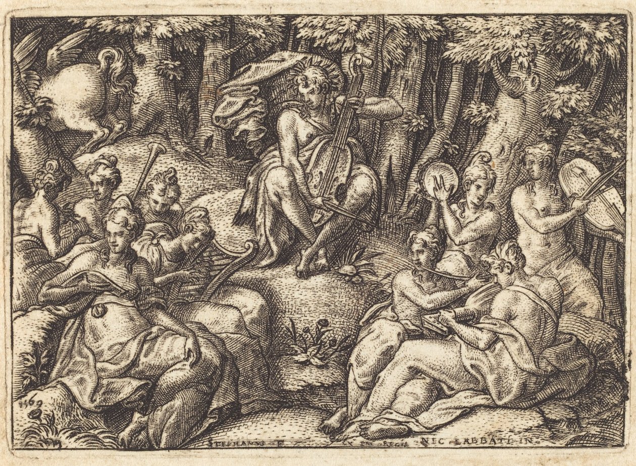 Apollo na hoře Parnas od Etienne Delaune after Niccolò dell