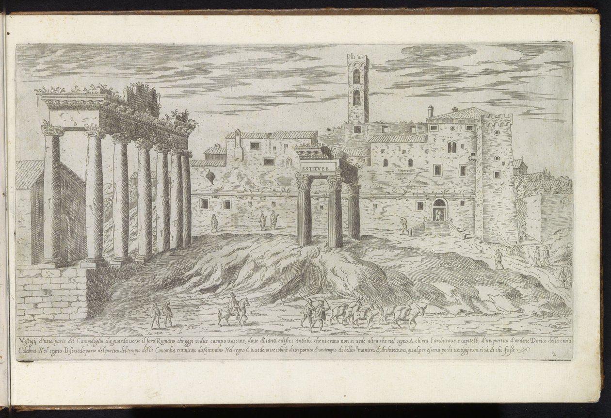Forum Romanum v Římě Bouwwerken uit de oudheid (název série) Pozůstatky starověkého Říma shromážděné a vyfotografované v perspektivě Stefano Du Perac Parisino (název série na objektu) od Etienne Duperac