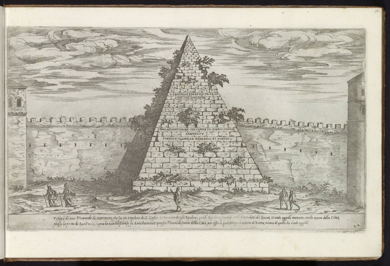 Cestiova pyramida v Římě Bouwwerken uit de oudheid (název série) Pozůstatky starověkého Říma shromážděné a vyfotografované v perspektivě Stefano Du Perac Parisino (název série na objektu) od Etienne Duperac