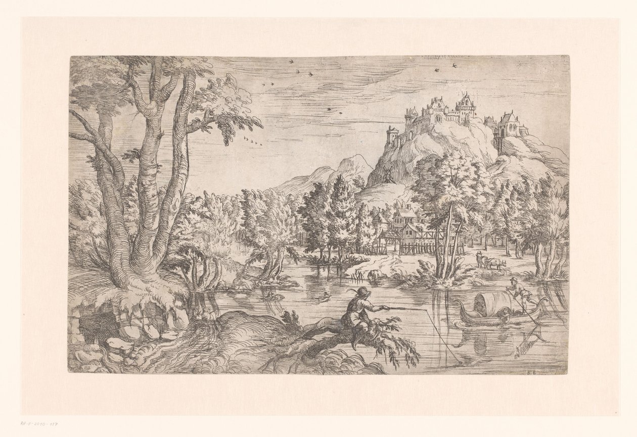 Krajina s rybářem a hradem na vrcholu hory od Etienne Dupérac (attributed to)