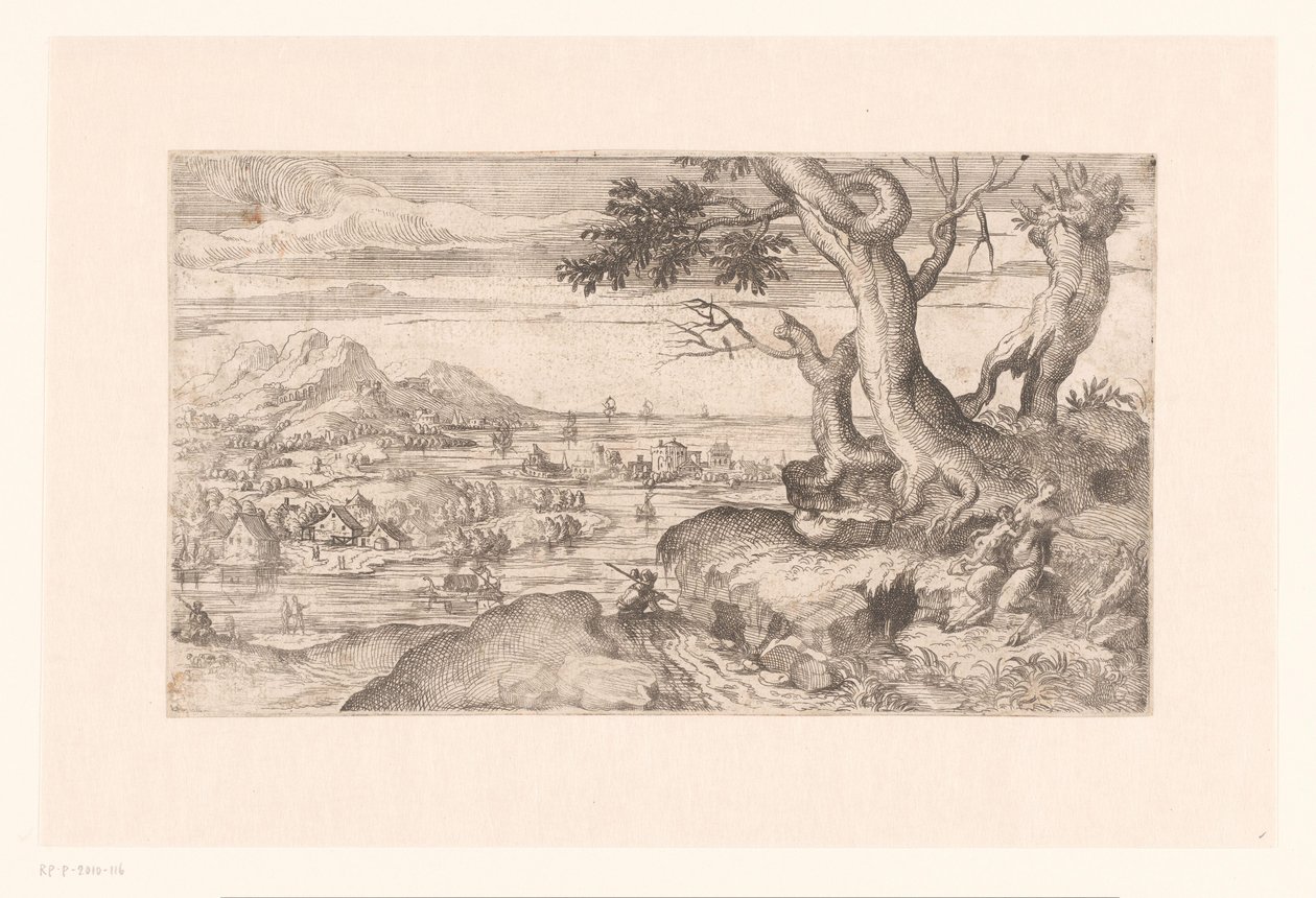 Krajina s ženským satyrem krmícím satyrské dítě od Etienne Dupérac (attributed to)