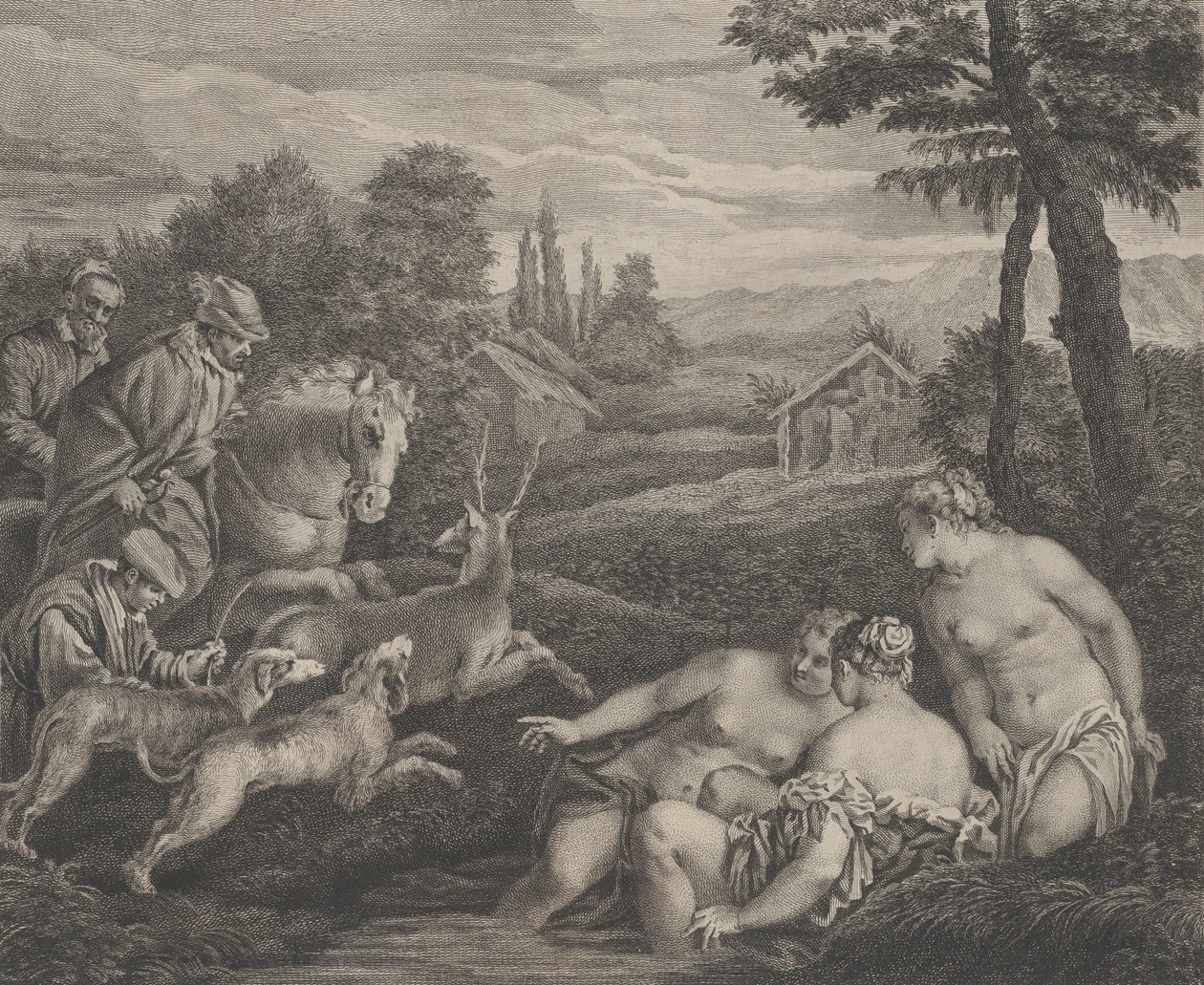 Diana a Acteon se změnili v jelena, ca. 1742. od Etienne Fessard