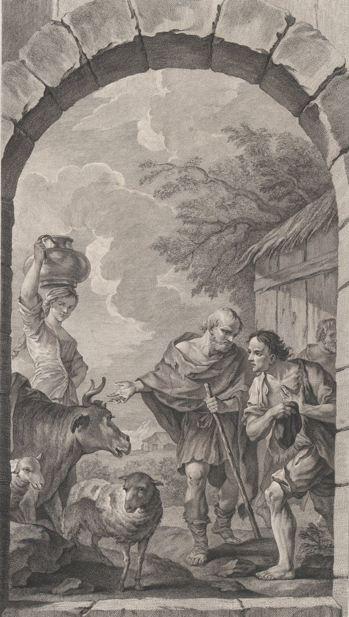 Kaple Nalezenců v Paříži: Skupina pastýřů před chalupou, 1757. od Etienne Fessard