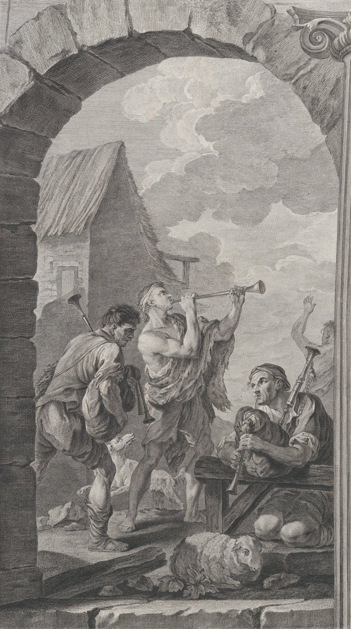 Kaple Nalezenců v Paříži: Skupina pastýřů: hráči na trubky a m..., 1754. od Etienne Fessard