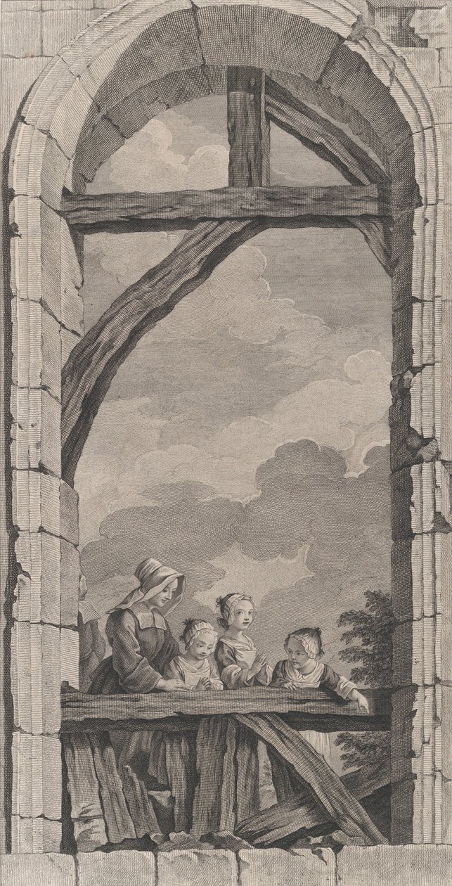 Kaple Nalezenců v Paříži: Jeptiška a malé dívky sledující Crec..., 1756. od Etienne Fessard