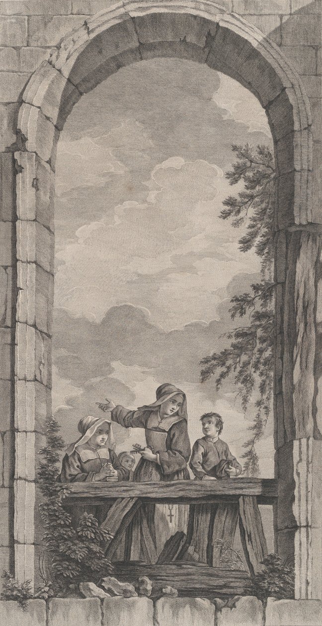 Kaple Nalezenců v Paříži: Jeptišky a chlapci při pohledu na betlém,..., 1757. od Etienne Fessard