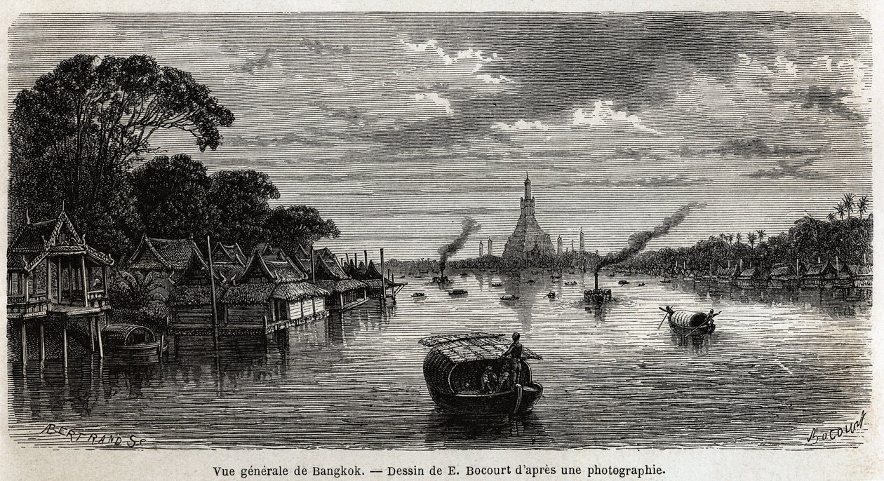 Celkový pohled na Bangkok (Thajsko), kresba E. Bocoura, k ilustraci cesty Henriho Mouhota do království Siam, Kambodža a Laos v letech 1858 až 1861. Rytina „“ Le tour du monde““, editoval Edouard Charton od Etienne Gabriel Bocourt