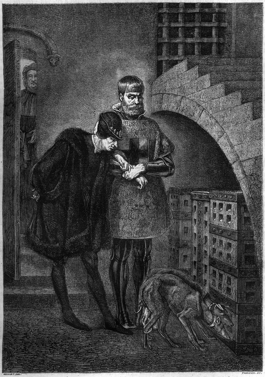Francouzský král Ludvík XI. (1423-1483) na návštěvě u vězně Jean de La Balue (kardinál Balue) (1421-1491), uzavřený v železné kleci. Rytina od Bocoura podle obrazu od Gerome od Etienne Gabriel Bocourt
