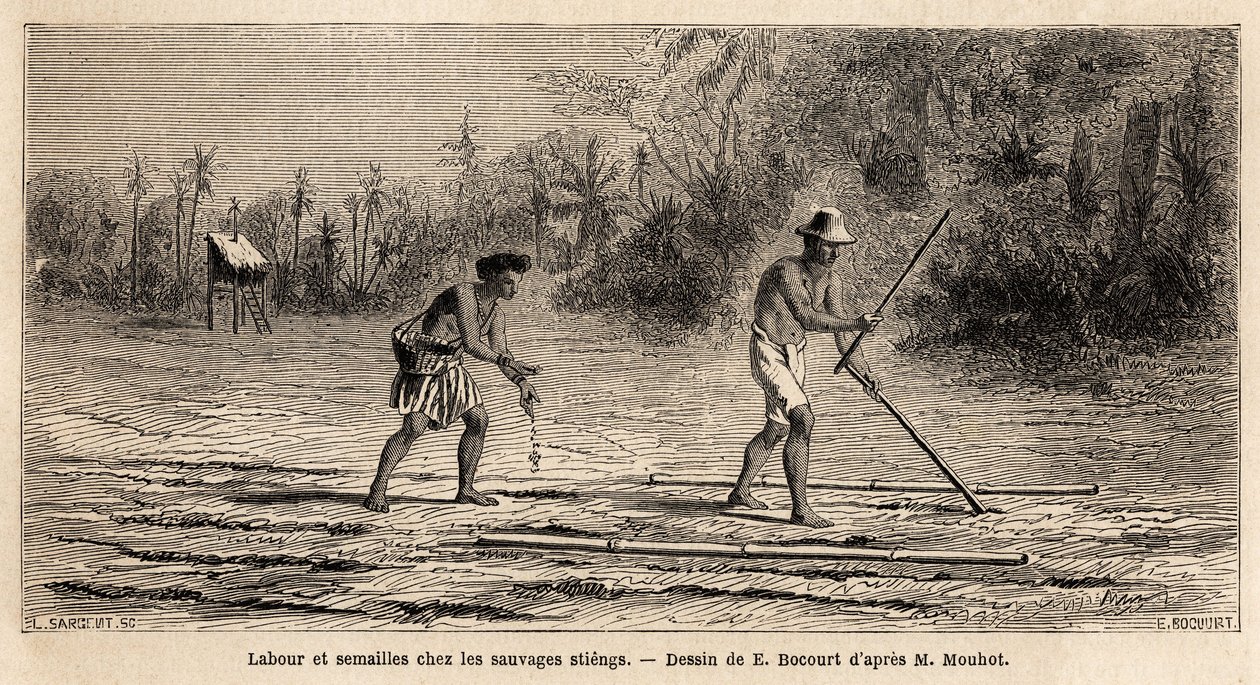 Orba a setí mezi divochy Stiengy, obyvateli kambodžských lesů, kresba E. Bocoura k ilustraci cesty Henriho Mouhota po královstvích Siam, Kambodža a Laos v letech 1858 až 1861. Rytina „“ Le tour du monde““ , upraveno od Etienne Gabriel Bocourt