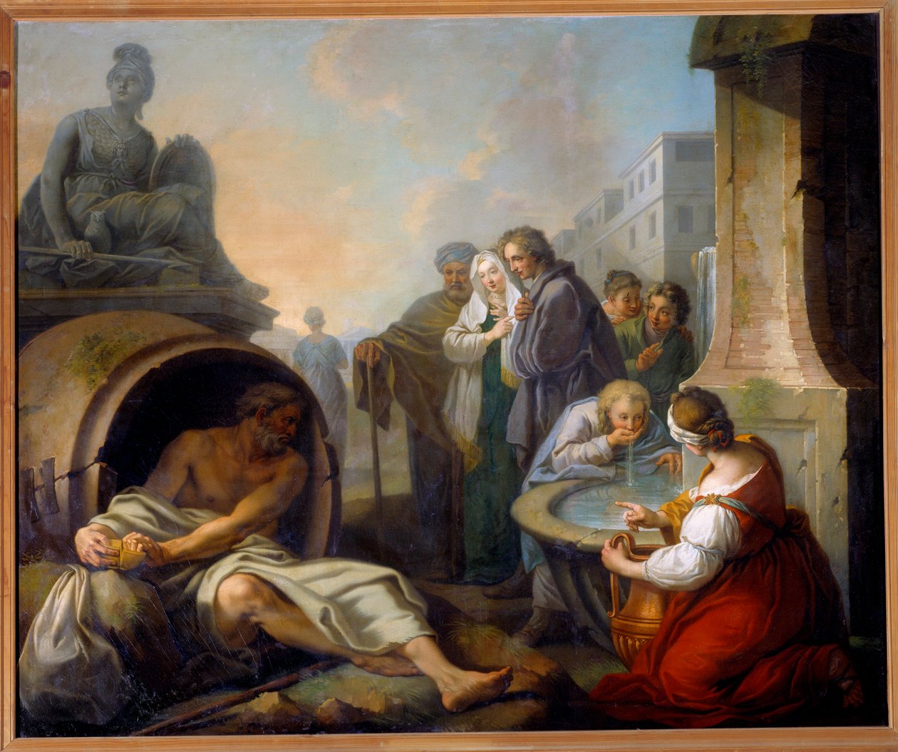 Diogene rozbíjející svůj ekulární Diogene ze Sinope zvaný Cynik (413-327 př. n. l.), řecký filozof, opouští svou ekuláru poté, co viděl dítě pít vodu ve svých rukou u fontány. Obraz Etienna Jeaurata (1699-1789) 18. století Sun. 1,62 x 1,95 m Paříž, od Étienne Jeaurat
