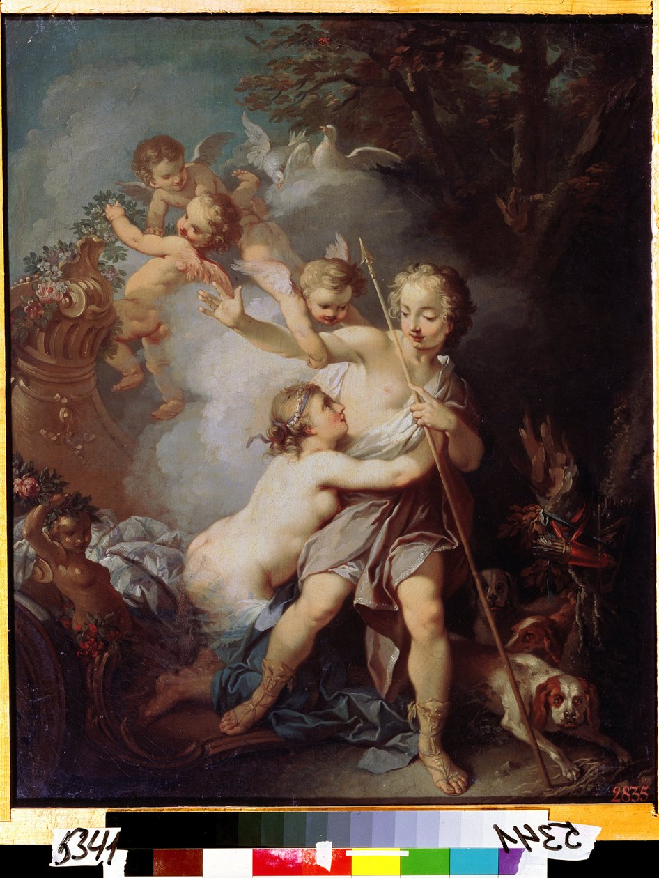 ""Venuše a Adonis"" (Venuše a Adonis) Obraz Etienna Jeaurata (1699-1789) Kolem roku 1750 Moskva, Puškinovo muzeum od Étienne Jeaurat