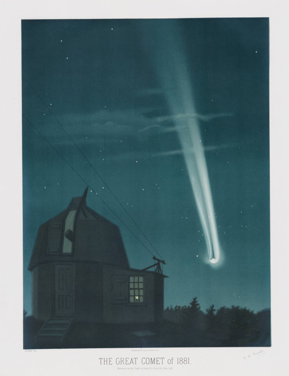 Velká kometa z roku 1881, pozorovaná v noci z 25. na 26. června v 1:30 ráno z The Trouvelot Astronomical Drawings 1881, pub. 1881 (barevná litografie) od Étienne Léopold Trouvelot