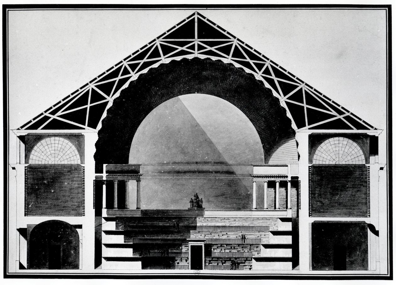 Bibliotheque Royale de France, výkres průřezu budovou. Architektura Etienne Louis Boullee (Etienne-Louis Boullee), francouzský architekt (1728-1799). od Etienne Louis Boullee
