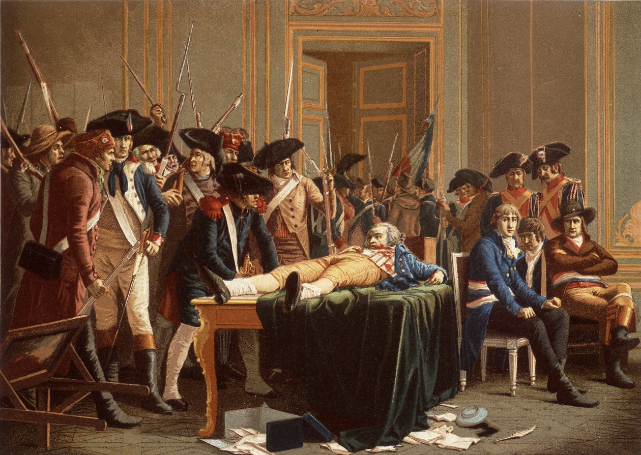 Ráno 10. Thermidoru Rok II; Maximilien de Robespierre, se zlomenou čelistí, rozprostřenou na stole (chromolitho) od Etienne Lucien (after) Melingue