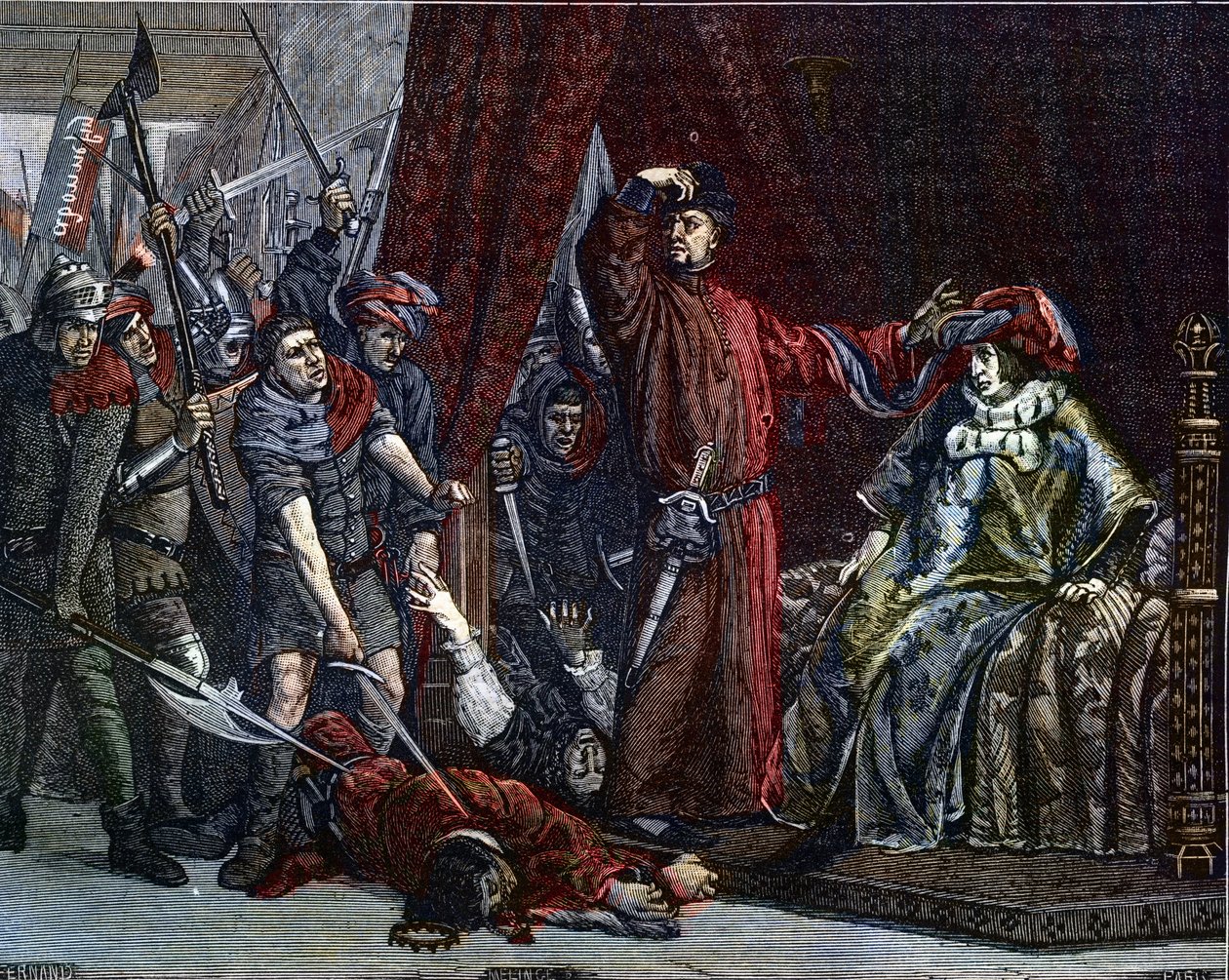 Stoletá válka: „“ Delfín Charles (tehdy Karel V.) (1338-1380) (první delfín Francie) a Etienne Marcel (1302/1310-1358), kteří zavraždili dva ministry (marechaux) Roberta de Clermont a Jean de Conflans v místnosti francouzského delfína at od Etienne Lucien Melingue