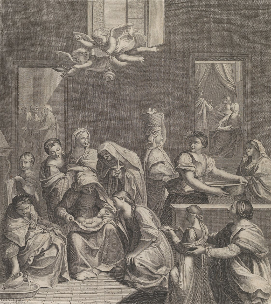 Narození Panny Marie, sedící žena s dítětem na klíně, mnoho žen v okolí..., 1677. od Etienne Picart