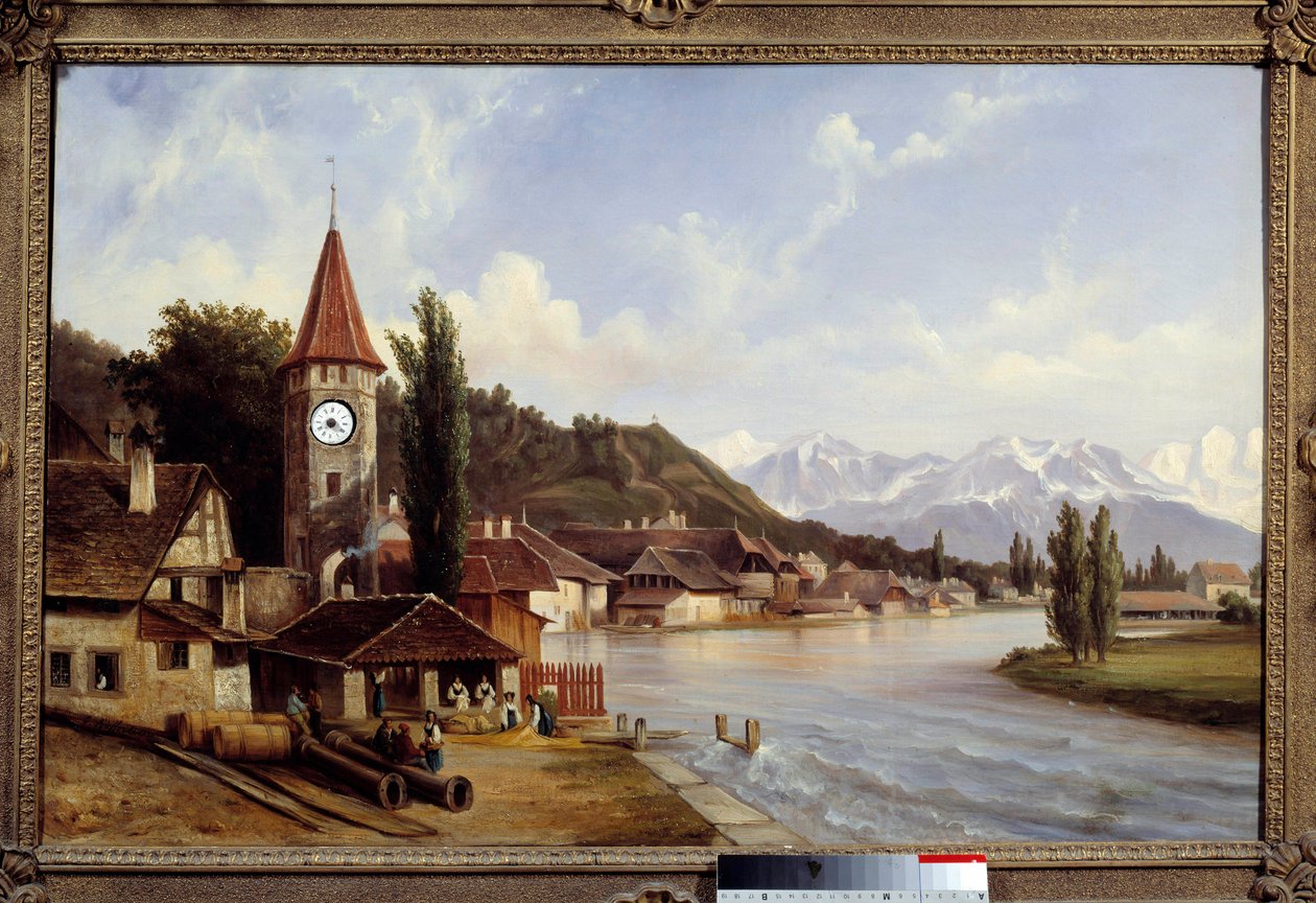 Pohled na vesnici Thun ve Švýcarsku. Obraz Etienna Rafforta (1802-1895) od Etienne Raffort