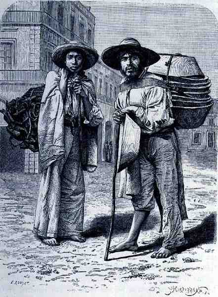 Dřevěné uhlí a Batteas Vendors, od The Ancient Cities of the New World, Claude-Joseph-Desire Charnay, rytý Henri-Theophile Hildebrand (1824-97), pub. 1887 od Etienne after Ronjat