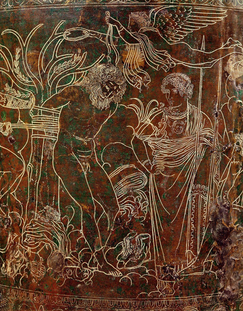 Amycus přivázaný ke stromu Polluxem, detail z Ficoroni Cista, z Palestriny, cca 320 př. n. l. (bronz) od Etruscan