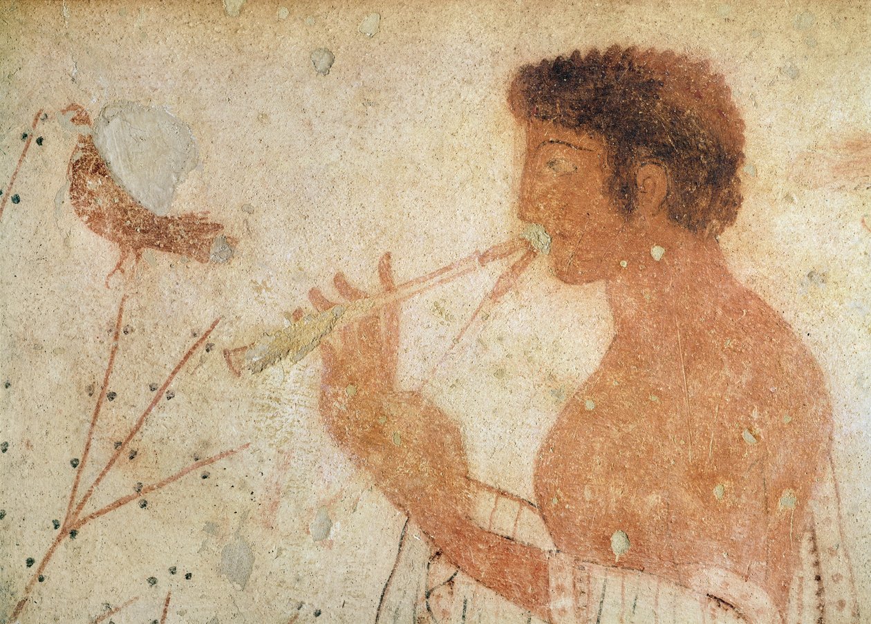Detail hudebníka hrajícího na dvojitou flétnu, z hrobky triklinia, cca 470 př. n. l. (nástěnná malba) od Etruscan