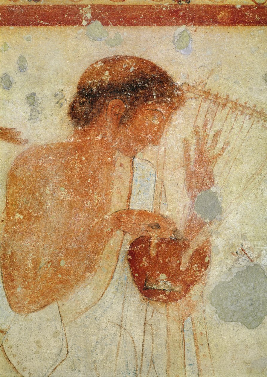 Detail hudebníka hrajícího na citeru nebo lyru z hrobky v Tricliniu, nástěnná malba z doby kolem roku 470 př. n. l. viz také 407461 od Etruscan