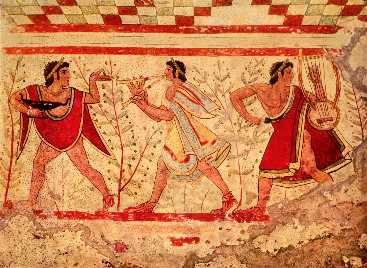 Etruští hudebníci, kopie fresky z 5. století před naším letopočtem v hrobce leoparda v Tarquinii od Etruscan