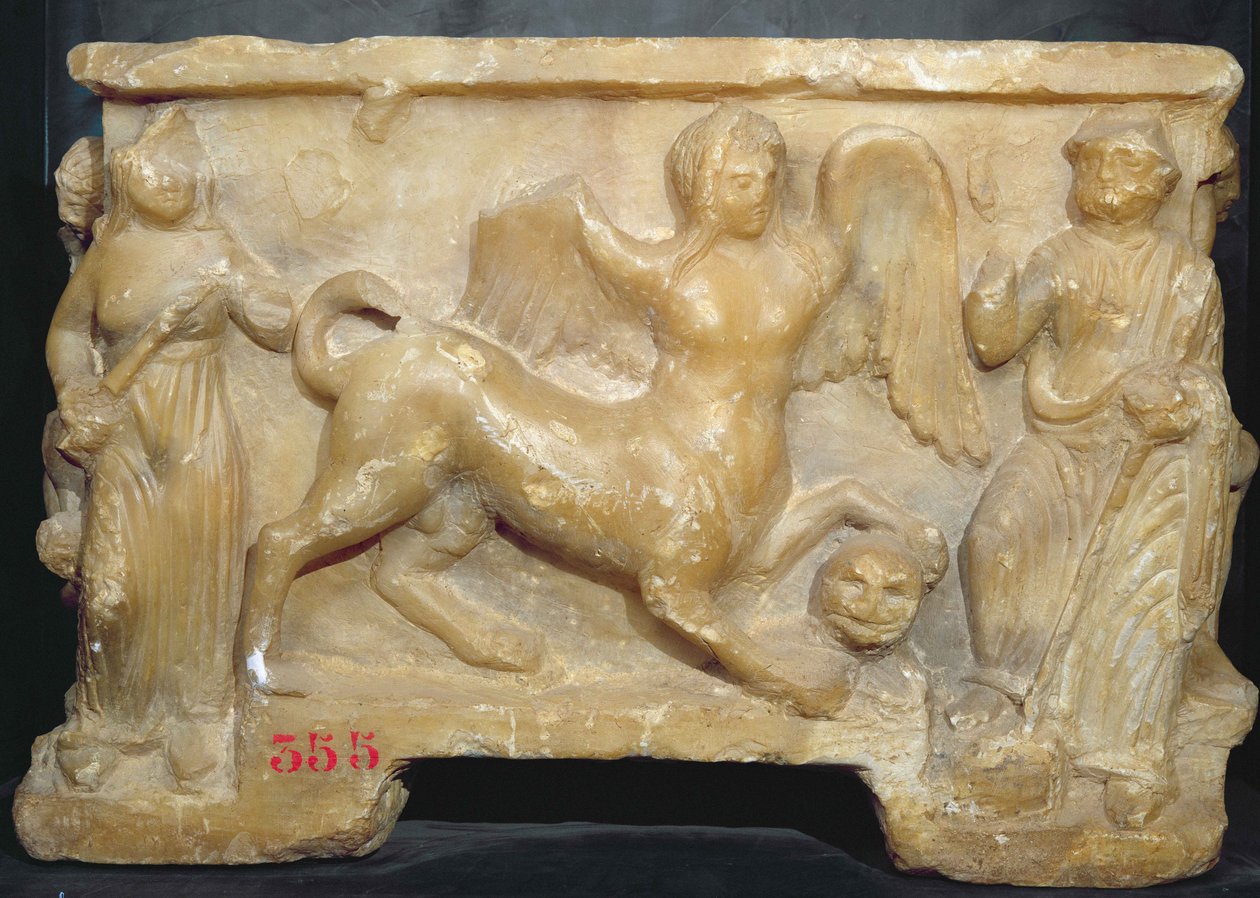 Pohřební urna s vyobrazením Oidipa a sfingy (alabastr) od Etruscan