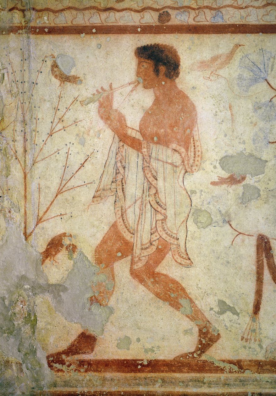 Hudebník hrající na dvojitou flétnu, z hrobky triklinia, cca 470 př. n. l. (nástěnná malba) od Etruscan