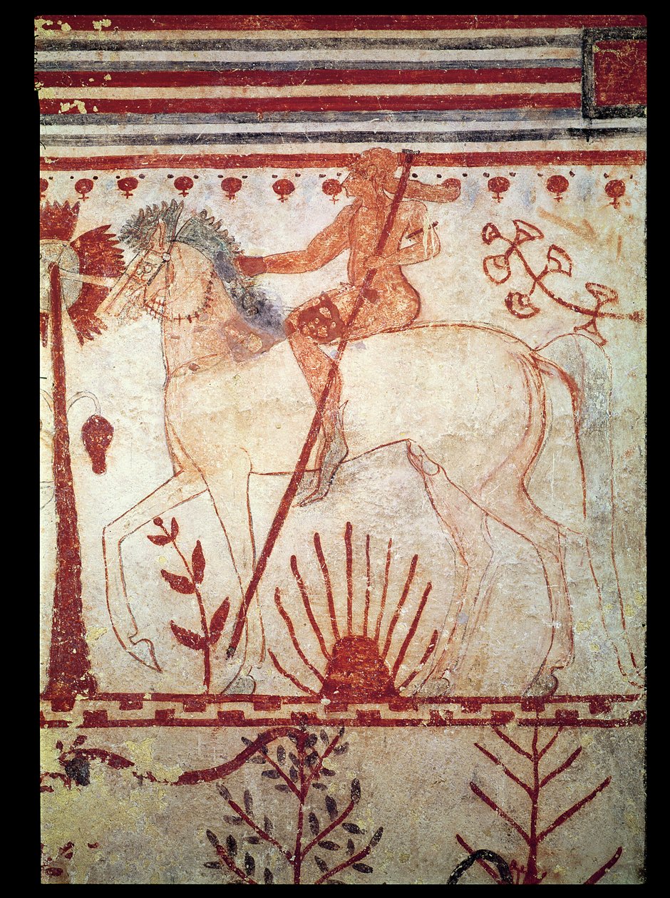 Přepadení trojského prince Troila Achillem, z hrobky Býků (Tomba del Tori) asi 540 př. n. l. (nástěnná malba) od Etruscan