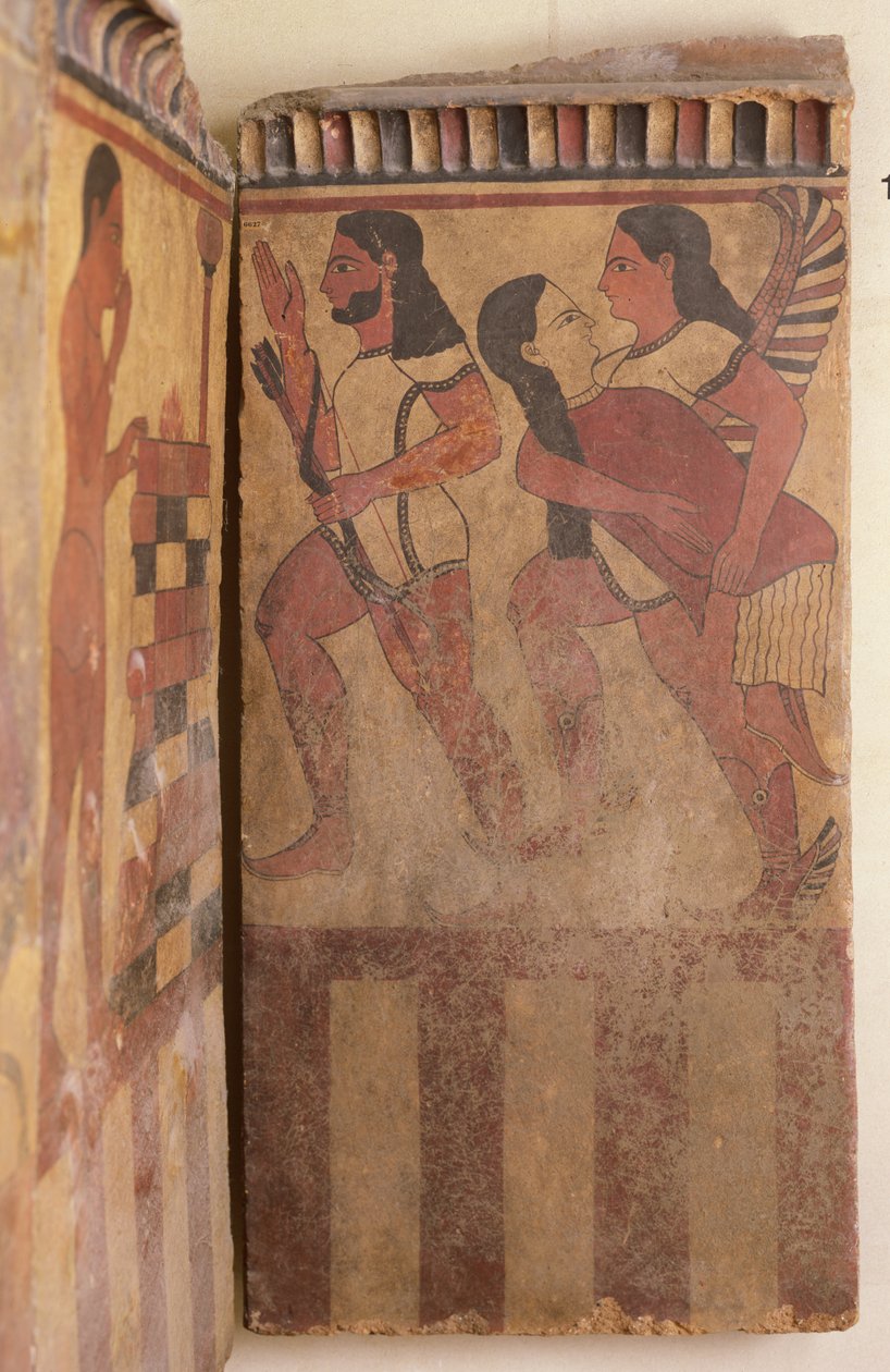 Plaketa Campana, Okřídlený džin unáší ženu v doprovodu lučištníka, cca 550-525 př. n. l. (nástěnná malba) (detail) od Etruscan