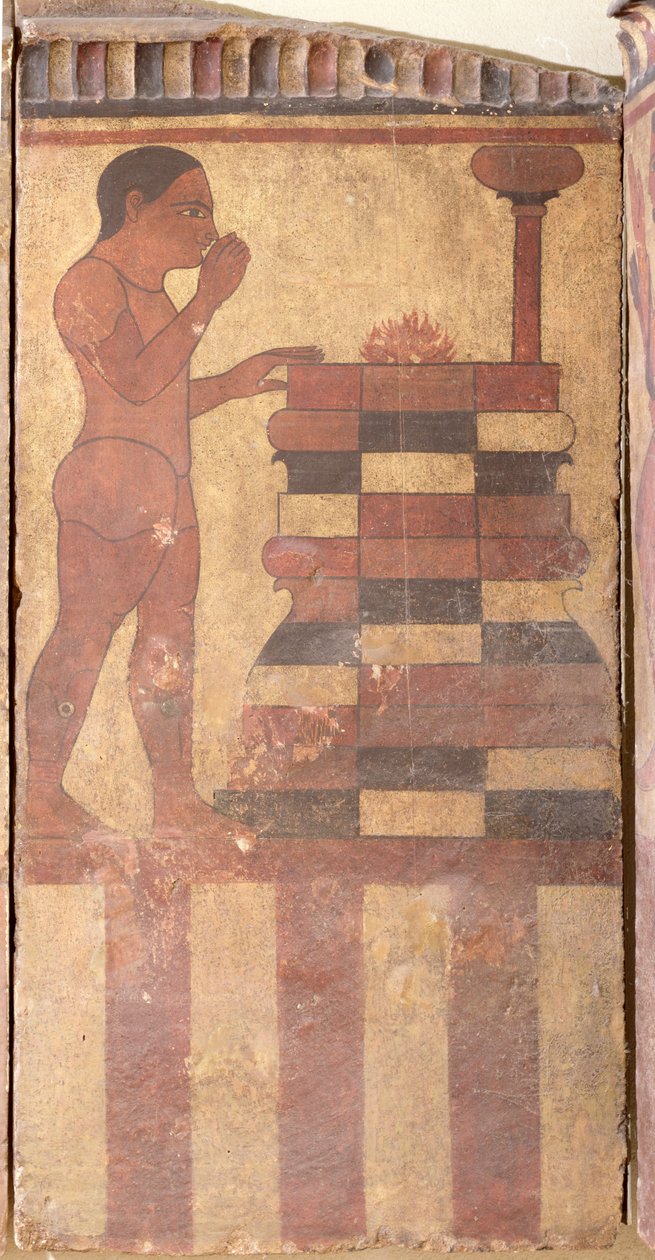 Plaketa Campana, detail nahého kněze před oltářem, z Cerveteri od Etruscan