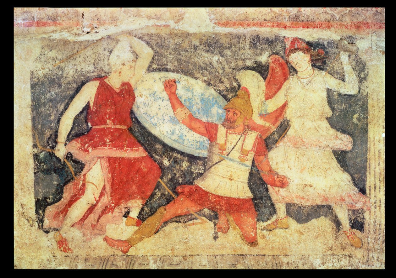 Dvě Amazonky v boji s Řekem, z Tarquinie, 370-360 př.nl (nástěnná malba) od Etruscan
