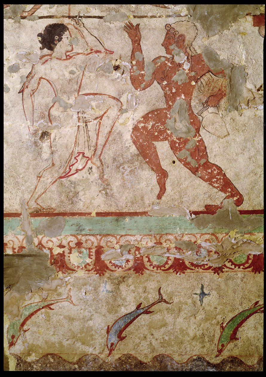 Dva tanečníci a delfíni proskakující vlnami, vlys z Hrobky lvic v nekropoli, cca 520 př. n. l. (nástěnná malba) od Etruscan