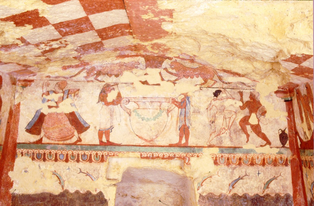 Stěna zobrazující hudebníky, tanečníky a delfíny z Hrobky lvic v nekropoli, cca 520 př. n. l. (nástěnná malba) od Etruscan
